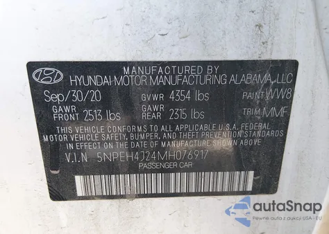 2021 Hyundai Sonata Limited z USA, uszkodzony, nr VIN 5NPEH4J24MH076917